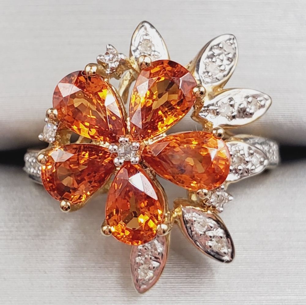 10k Solid Yellow Gold Genuine Spessartite Mandarin Garnet & Diamond Flower Ring